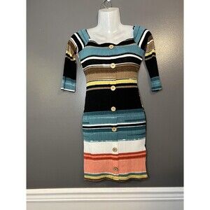 Love J Dress Womens Small Multicolor Striped Ribbed Knit Bodycon Button Front